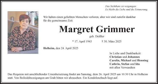 Traueranzeige von Margret Grimmer von Schwäbische Post
