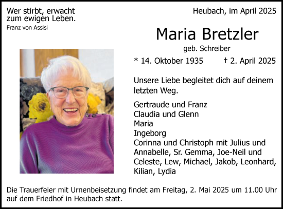 Traueranzeige von Maria Bretzler von Gmünder Tagespost