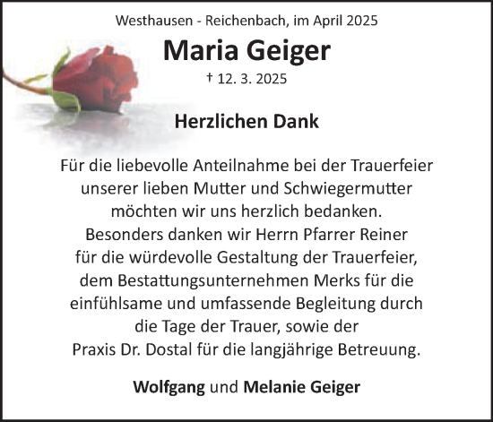 Traueranzeige von Maria Geiger von Schwäbische Post