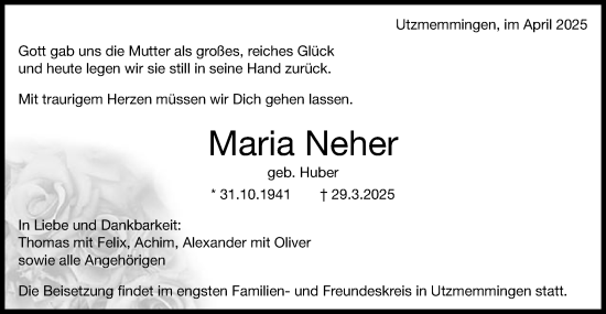 Traueranzeige von Maria Neher von Schwäbische Post