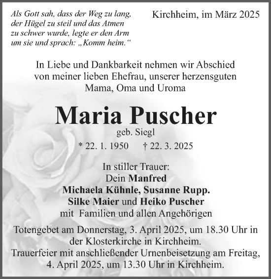 Traueranzeige von Maria Puscher von Schwäbische Post