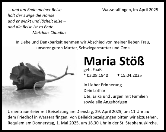 Traueranzeige von Maria Stöß von Schwäbische Post