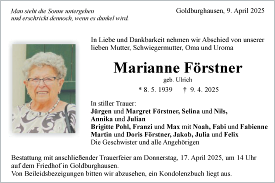 Traueranzeige von Marianne Förstner von Schwäbische Post