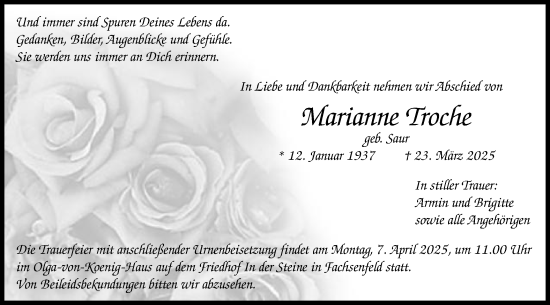 Traueranzeige von Marianne Troche von Schwäbische Post