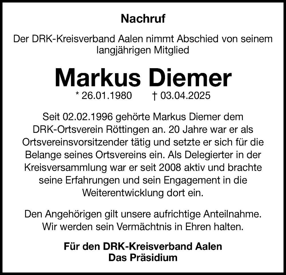  Traueranzeige für Markus Diemer vom 10.04.2025 aus Schwäbische Post
