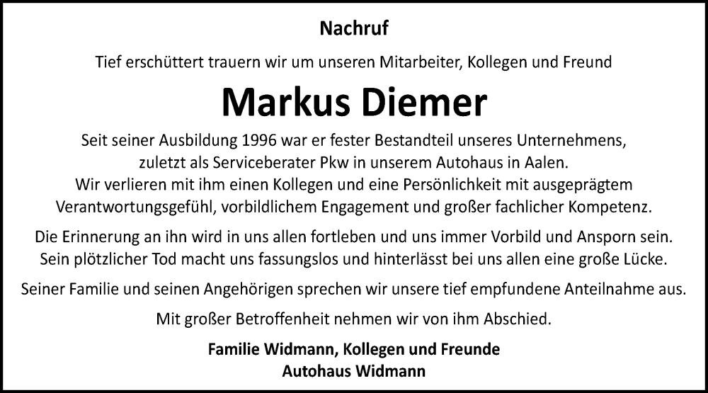 Traueranzeige für Markus Diemer vom 09.04.2025 aus Schwäbische Post