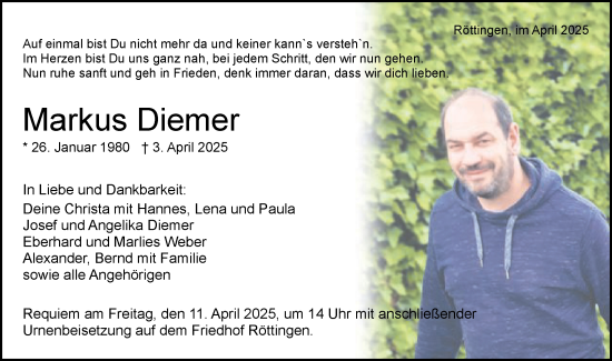 Traueranzeige von Markus Diemer von Schwäbische Post