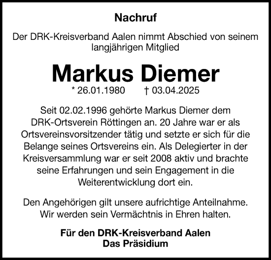 Traueranzeige von Markus Diemer von Schwäbische Post