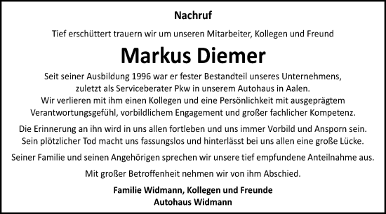 Traueranzeige von Markus Diemer von Schwäbische Post