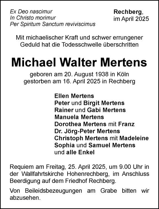 Traueranzeige von Michael Walter Mertens von Gmünder Tagespost