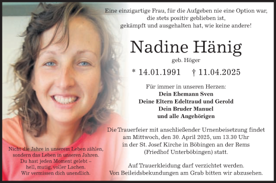 Traueranzeige von Nadine Hänig von Gmünder Tagespost