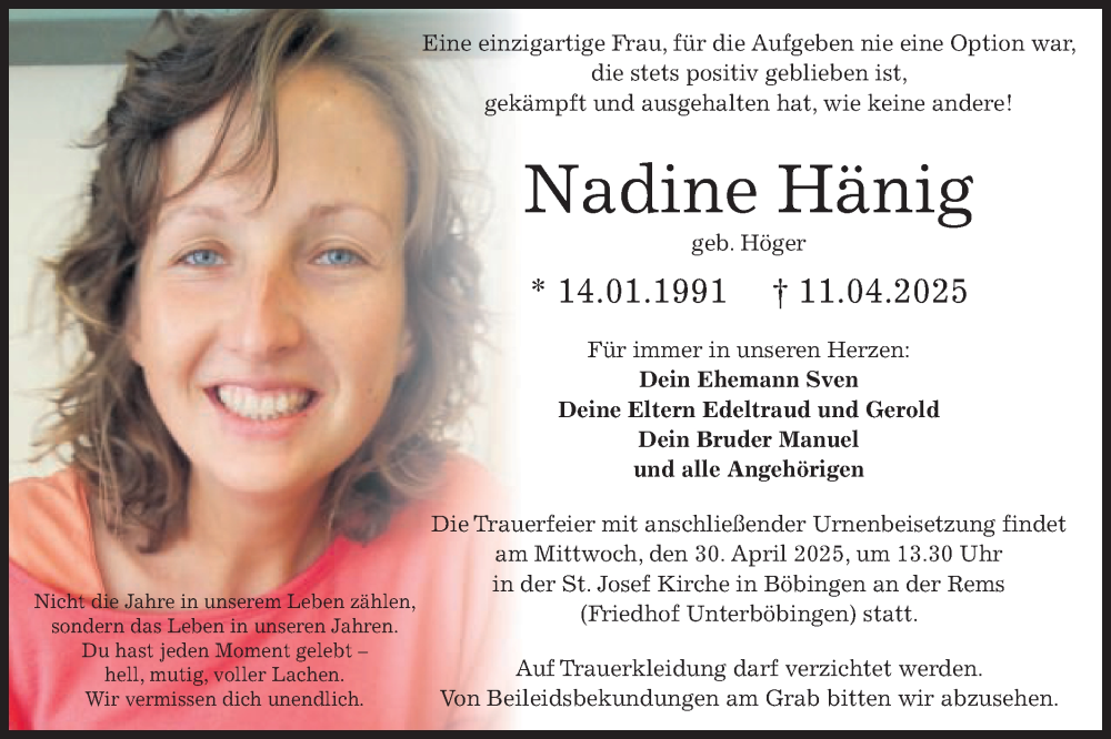  Traueranzeige für Nadine Hänig vom 26.04.2025 aus Gmünder Tagespost