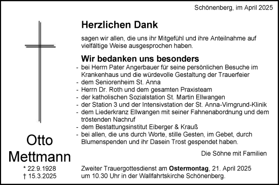 Traueranzeige von Otto Mettmann von Schwäbische Post