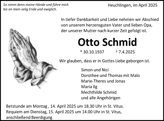 Traueranzeige von Otto Schmid von Gmünder Tagespost