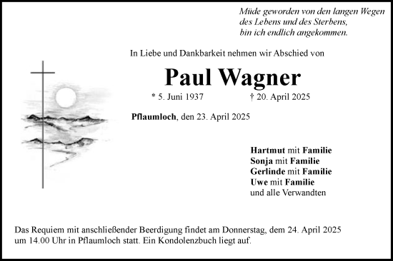 Traueranzeige von Paul Wagner von Schwäbische Post