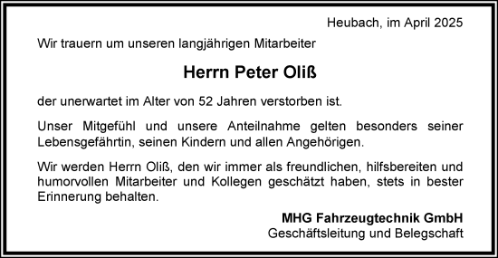 Traueranzeige von Peter Oliß von Gmünder Tagespost