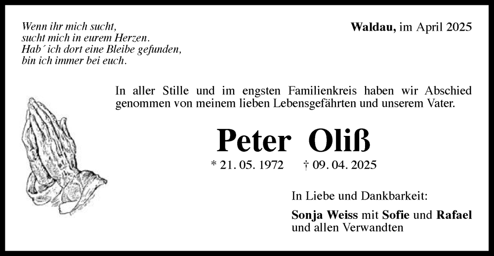  Traueranzeige für Peter Oliß vom 23.04.2025 aus Gmünder Tagespost