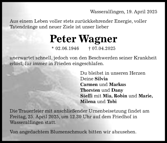 Traueranzeige von Peter Wagner von Schwäbische Post