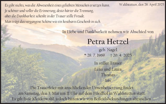 Traueranzeige von Petra Hetzel von Gmünder Tagespost