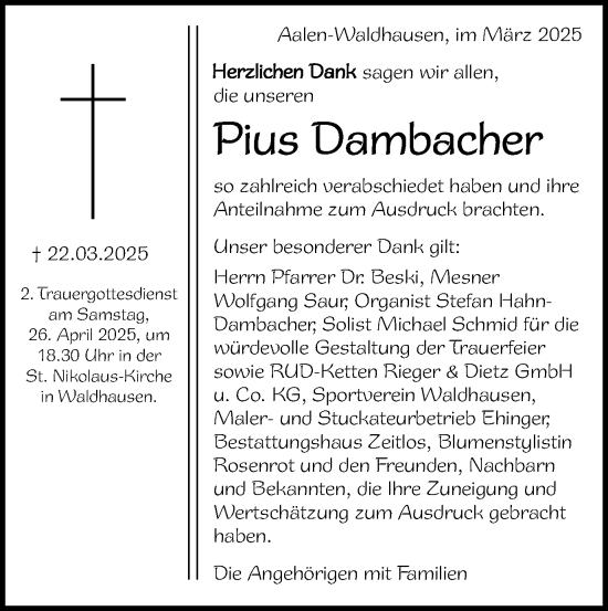 Traueranzeige von Pius Dambacher von Schwäbische Post