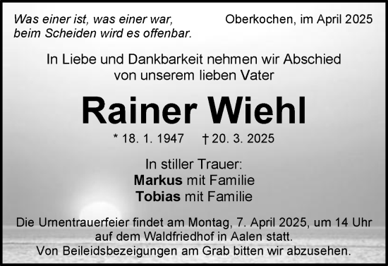 Traueranzeige von Rainer Wiehl von Schwäbische Post