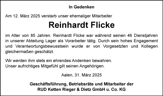 Traueranzeige von Reinhardt Flicke von Schwäbische Post