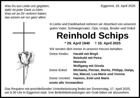 Traueranzeige von Reinhold Schips von Schwäbische Post