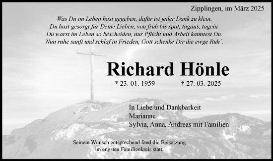 Traueranzeige von Richard Hönle von Schwäbische Post