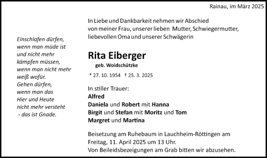 Traueranzeige von Rita Eiberger von Schwäbische Post