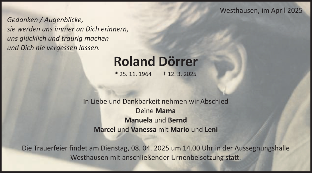  Traueranzeige für Roland Dörrer vom 05.04.2025 aus Schwäbische Post