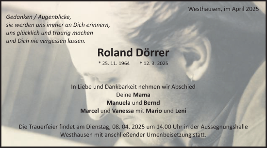 Traueranzeige von Roland Dörrer von Schwäbische Post