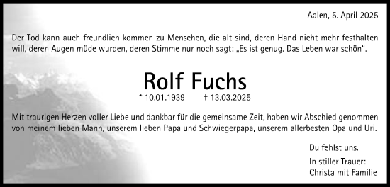 Traueranzeige von Rolf Fuchs von Schwäbische Post