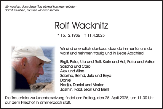 Traueranzeige von Rolf Wacknitz von Gmünder Tagespost