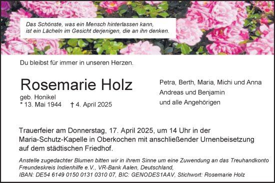 Traueranzeige von Rosemarie Holz von Schwäbische Post