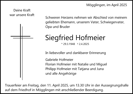 Traueranzeige von Siegfried Hofmeier von Gmünder Tagespost