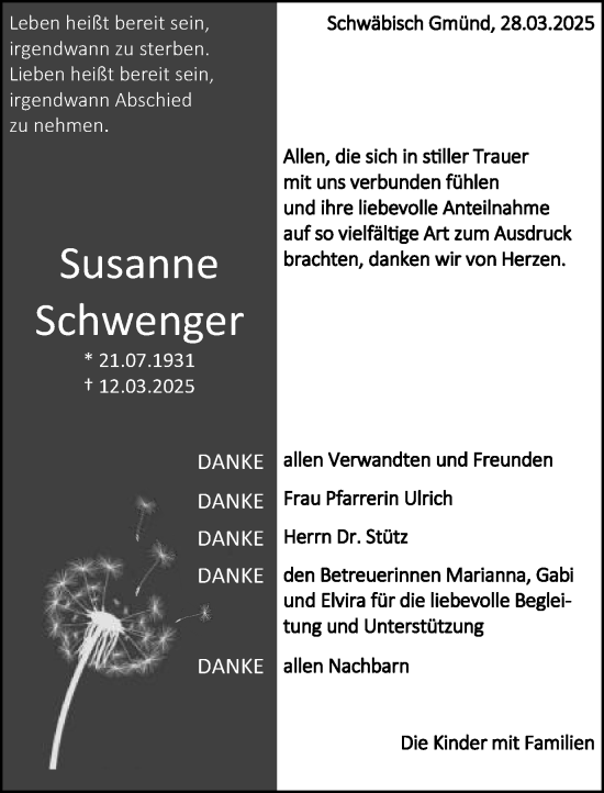 Traueranzeige von Susanne Schwenger von Gmünder Tagespost