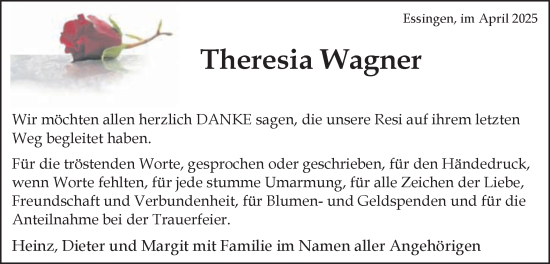 Traueranzeige von Theresia Wagner von Schwäbische Post