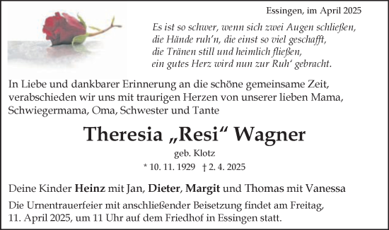 Traueranzeige von Theresia Wagner von Schwäbische Post