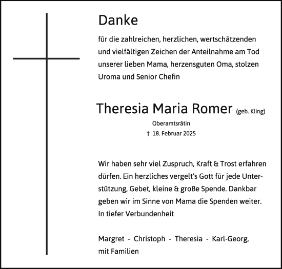 Traueranzeige von Theresia Maria Romer von Schwäbische Post