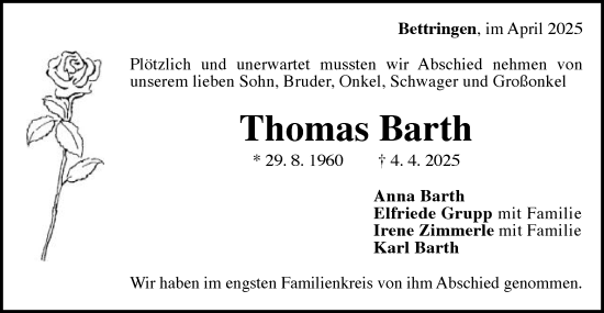 Traueranzeige von Thomas Barth von Gmünder Tagespost