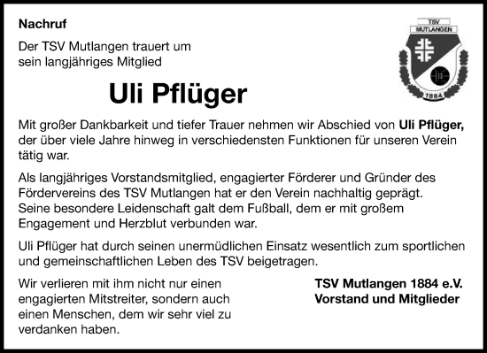 Traueranzeige von Uli Pflüger von Gmünder Tagespost