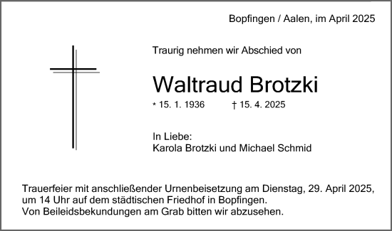 Traueranzeige von Waltraud Brotzki von Schwäbische Post