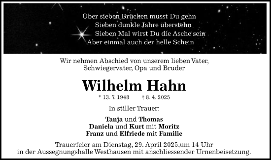 Traueranzeige von Wilhelm Hahn von Schwäbische Post