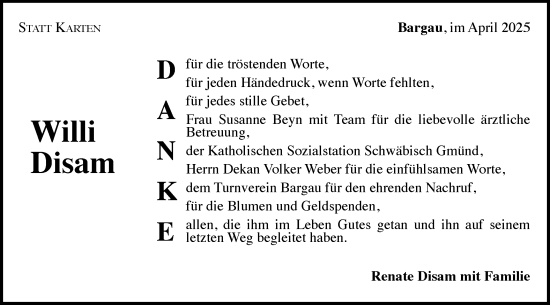 Traueranzeige von Willi Disam von Gmünder Tagespost