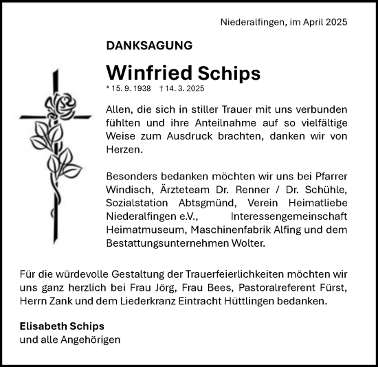 Traueranzeige von Winfried Schips von Schwäbische Post