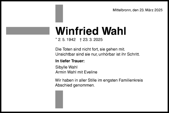 Traueranzeige von Winfried Wahl von Gmünder Tagespost