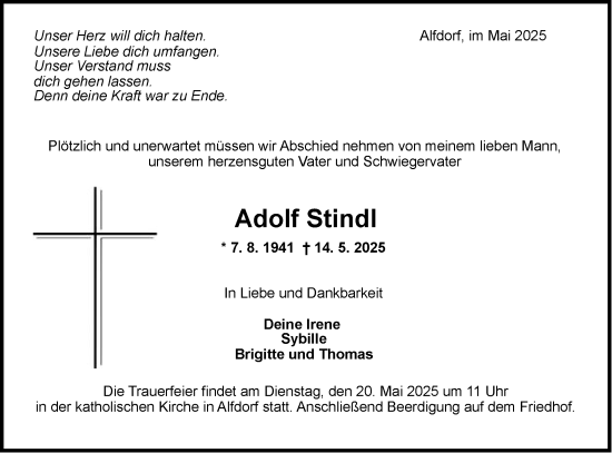 Traueranzeige von Adolf Stindl von Gmünder Tagespost