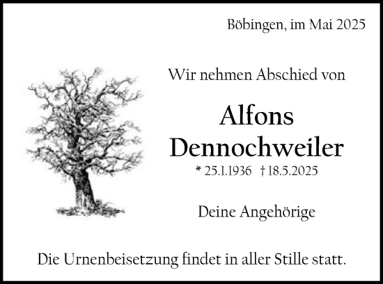 Traueranzeige von Alfons Dennochweiler von Gmünder Tagespost