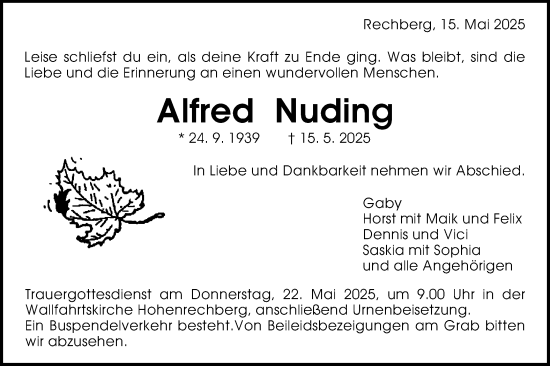 Traueranzeige von Alfred Nuding von Gmünder Tagespost