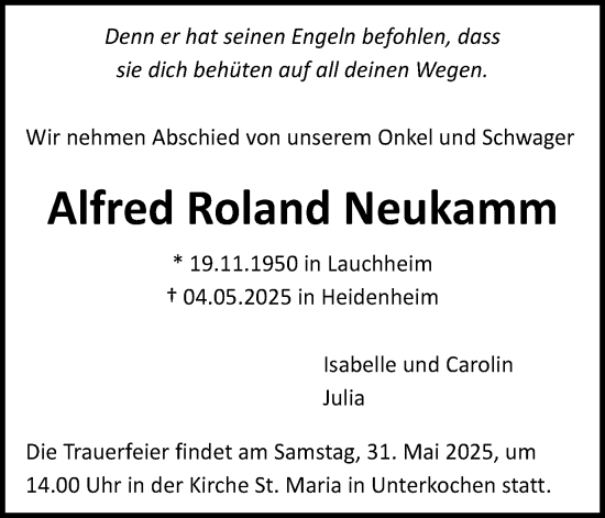 Traueranzeige von Alfred Roland Neukamm von Schwäbische Post